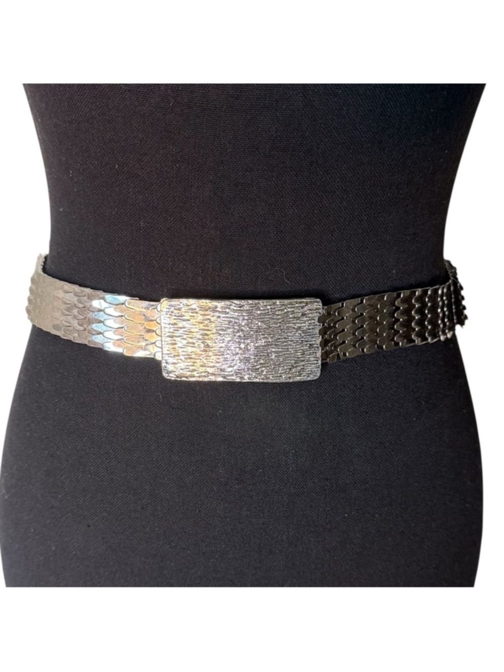 Silver Toned Metal Fish Scale Stretchy Belt MCM Vintage Elastic Festival Mermaid